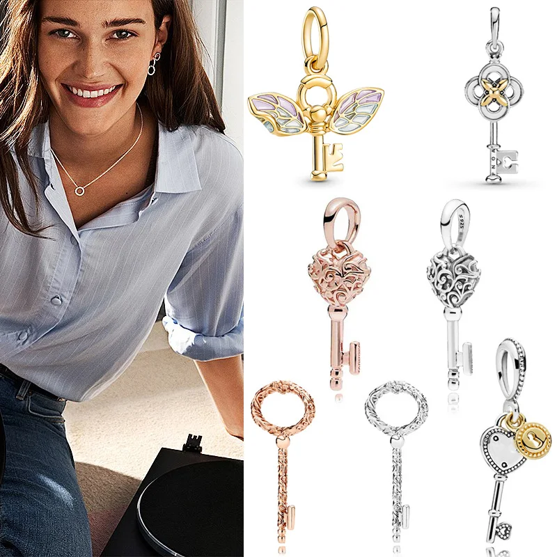 

2021 New S925 Sterling Silver Two Color Key Flower Necklace Earrings Collarbone Chain For Women Wedding Gift Fashion Jewelry