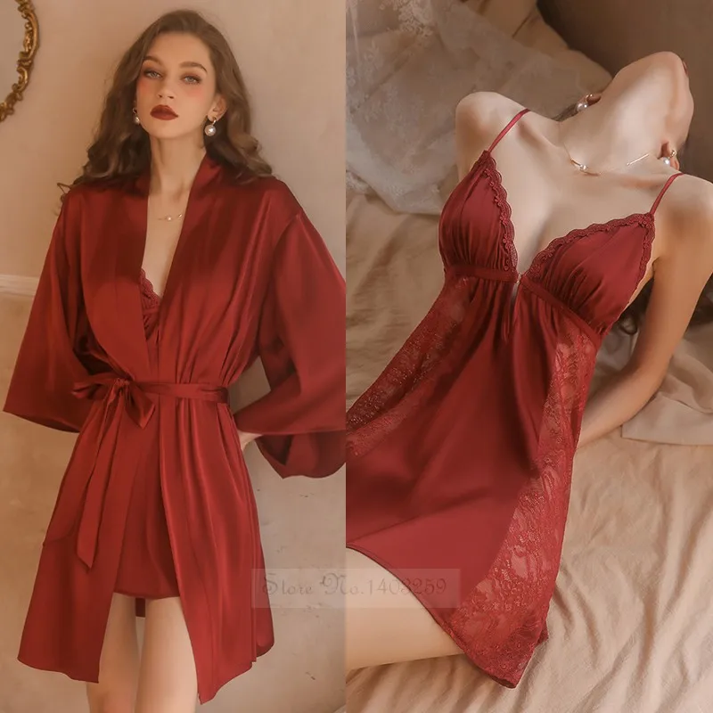 

Two Pieces Set Women Sexy Perspective Patchwork Lace Robe Suspender Nightdress Thin Satin Bathrobe Sleepwear Summer Home Clothes