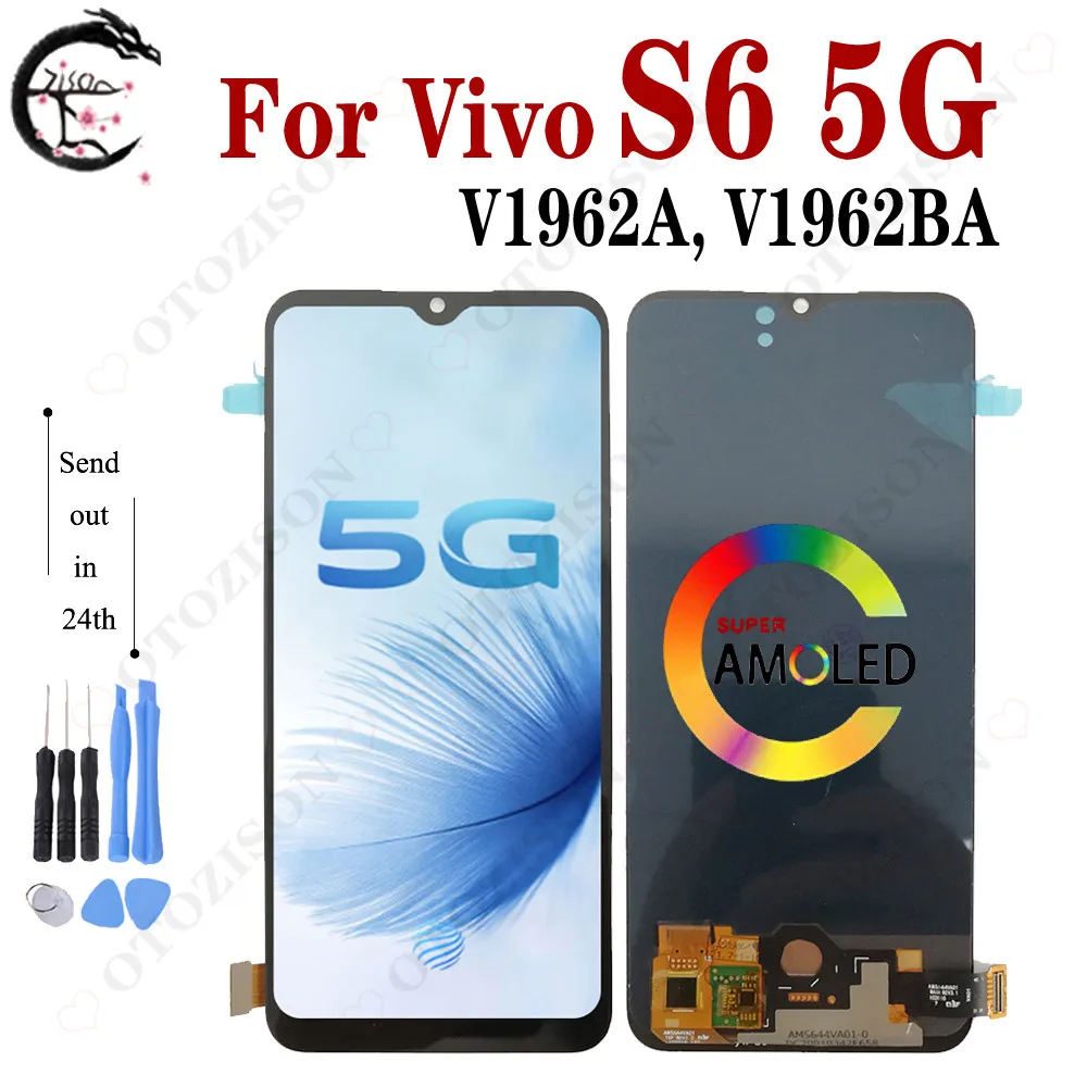 ЖК-дисплей с рамкой для Vivo S6 5G, экран дисплея V1962A V1962BA, ЖК-дисплей с сенсорным дигитайзером в сборе, замена S6, детали дисплея протестированы, ОК
