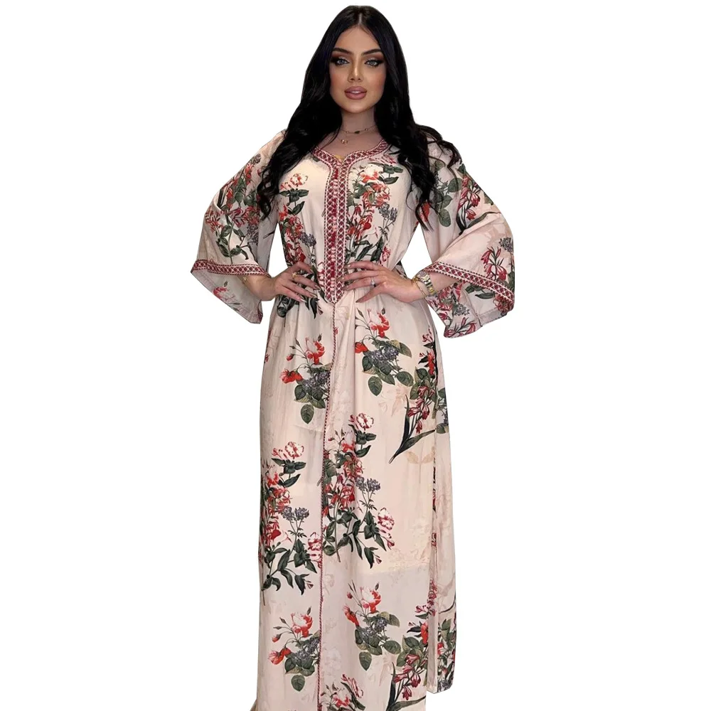 Moroccan Arabic Dresses Muslim Maxi Dress Abayas for Women Luxury Pink Floral Abaya Dubai Long Dress Robe Elegante Femme