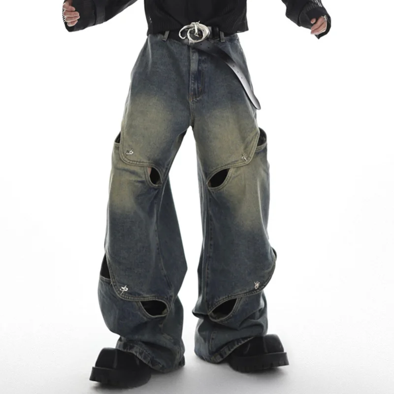 NOYMEI Male Y2k Jeans High Street Patchwork Loose Men Hollow Out Trendy Vintage Metal Button Straight Denim Pant Wide Leg WA1321