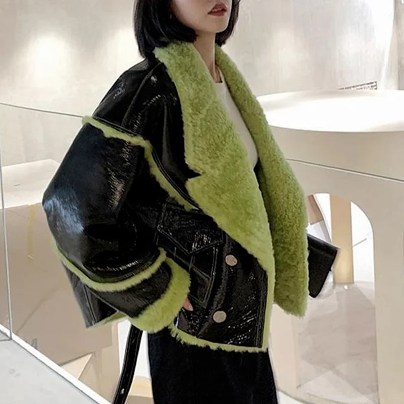 Parka Thick Women Coat Plush Splicing Faux PU Leather Biker Jacket Short Ladies Fashion 2021 Winter Loose Warm Outwear Female
