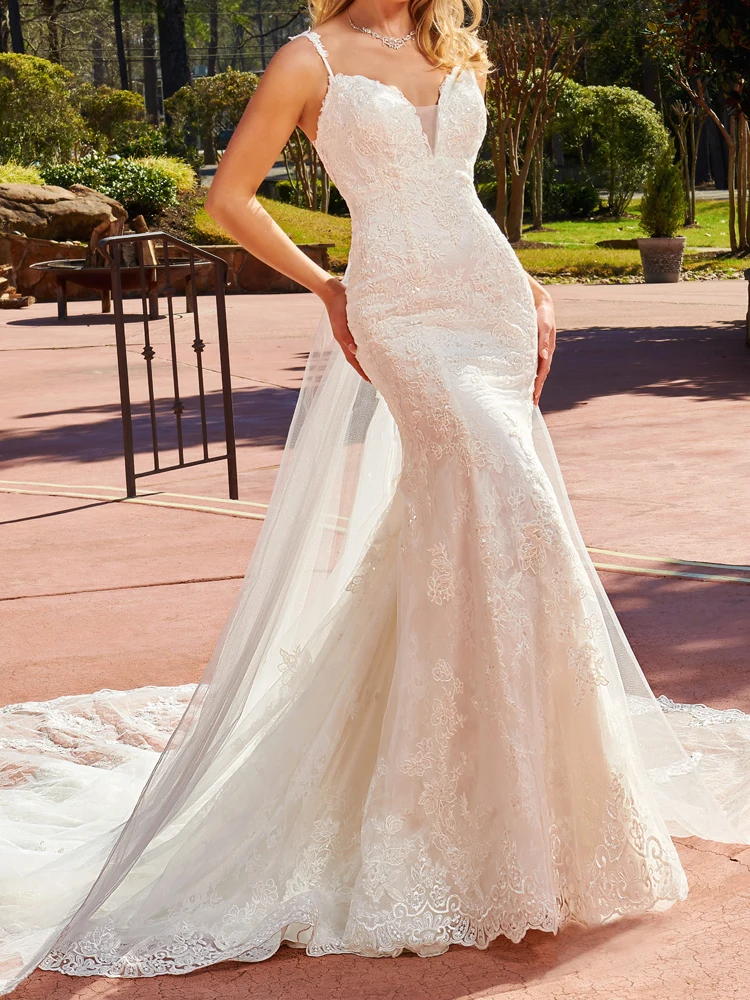 

2022 Lace Mermaid Wedding Dresses with Detachable Long Train Bridal Gowns Sexy Back