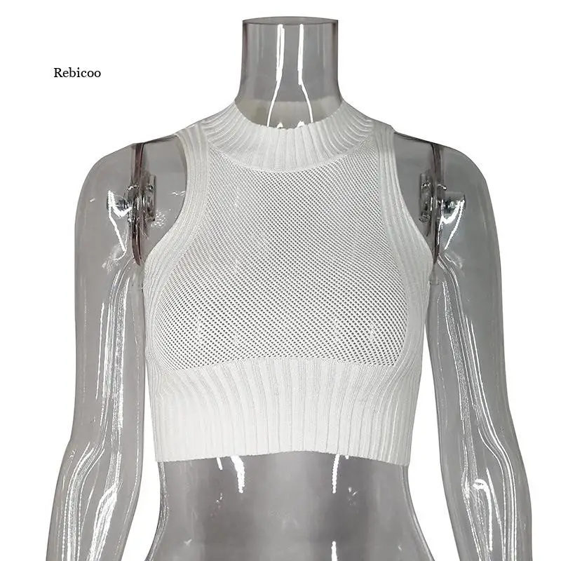 

Женский трикотажный топ с вырезами, летний укороченный топ без рукавов с высоким воротником, привлекательные прозрачные вязаные топы белог...