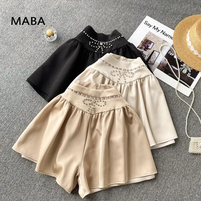 

Fashion Designer Diamond Shorts Skirts Women 2022 Summer Korean High Waist Solid Black White Khaki Loose Casual Wide Leg Shorts