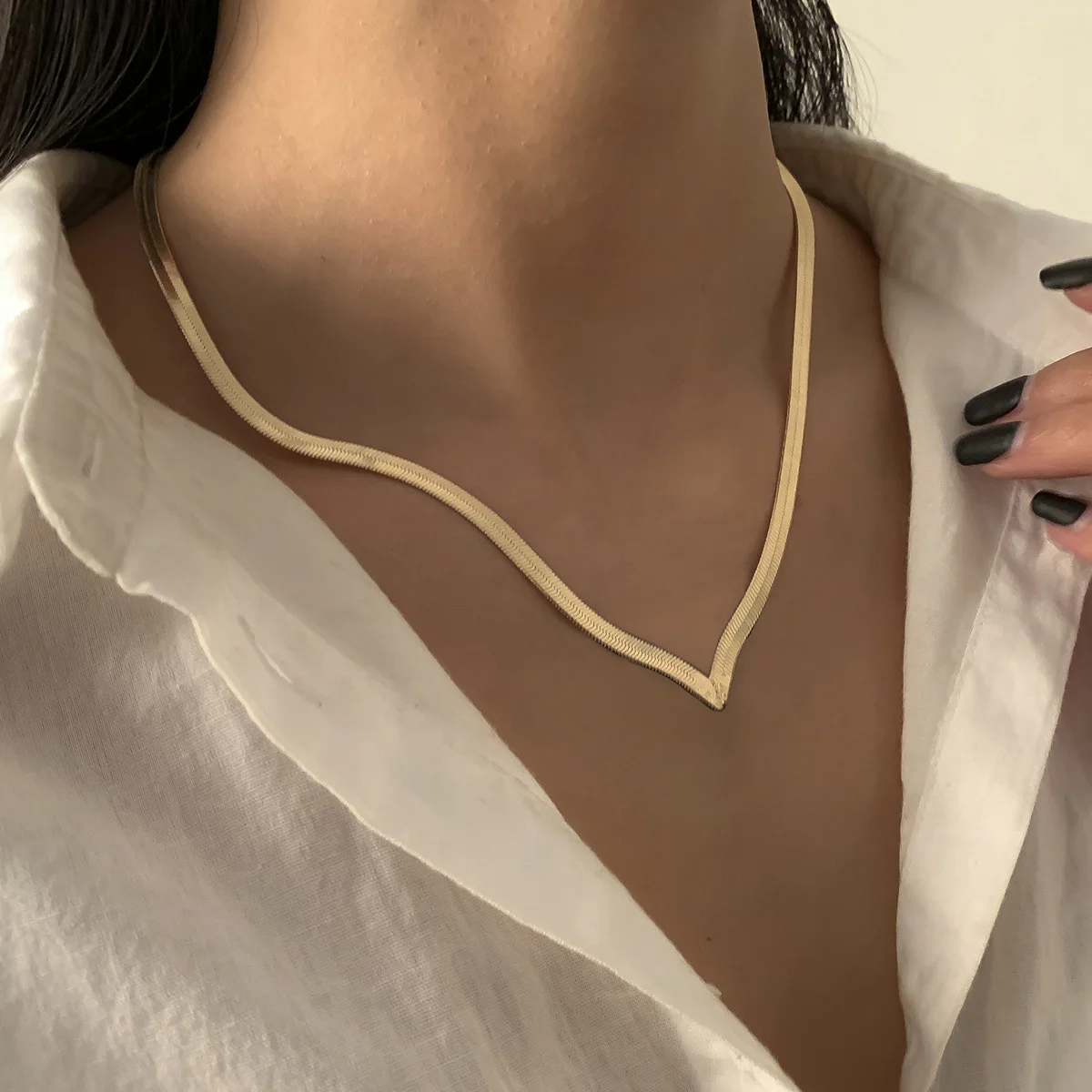 

Fashion Unisex V Shape Snake Chain Women Necklace Double Layer Choker Herringbone Gold Chain Necklace for Women Jewelry