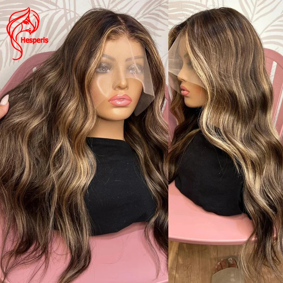 HesperisDark Brown Blonde Balayae Highlight Body Wave Wig Brazilian Human Hair Layered Wavy Wig Ashy Golden Glueless Lace Front