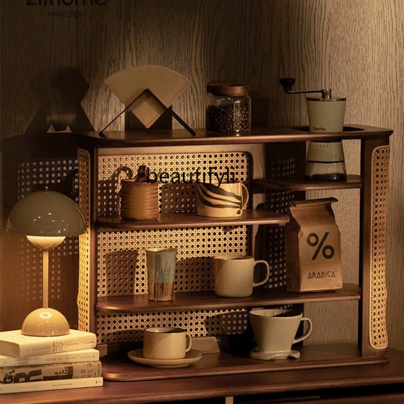 

yj Shelf Desktop Elevated Rack Partition Shelf Solid Wood Rattan Cup Holder Display Stand