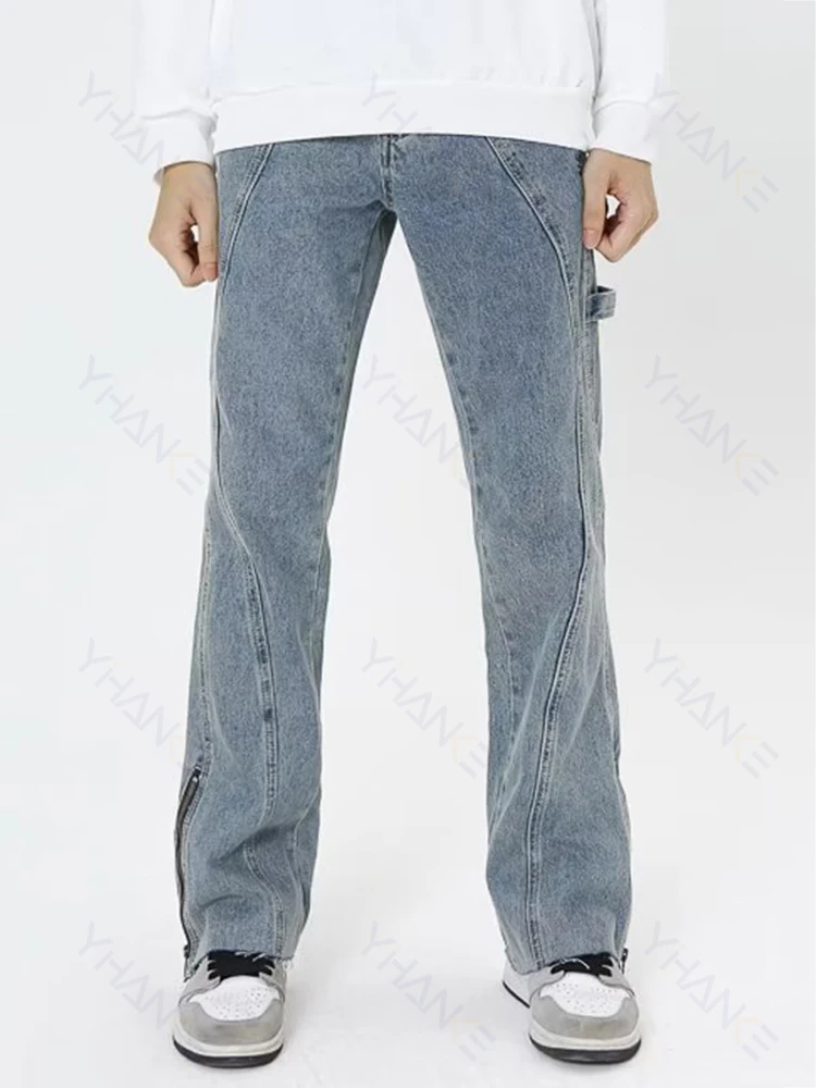 Retro Blue Flared Jeans Men's Baggy Pants Street Clothing Loose Jeans Stitching Design Casual Denim Trousers Y2k Men’s Jeans