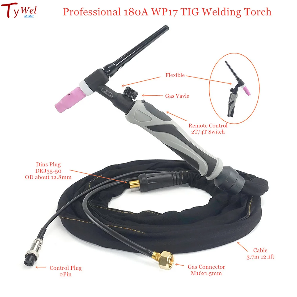 Professional 180A WP17-FV TIG Torch 3.7m GTAW Air Cooling Flexible Neck Gas Valve WP17 Tig Welding Gun