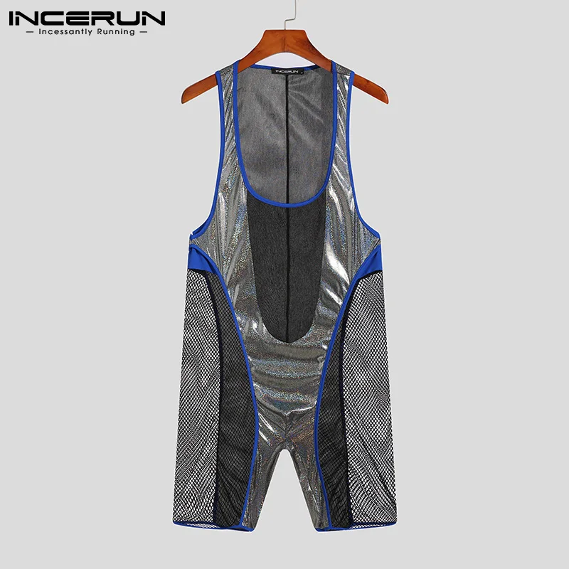 

INCERUN Men Pajamas Rompers Mesh Patchwork See Through Sexy Sleeveless Jumpsuits Sleepwear 2022 Breathable Men Playsuits S-5XL
