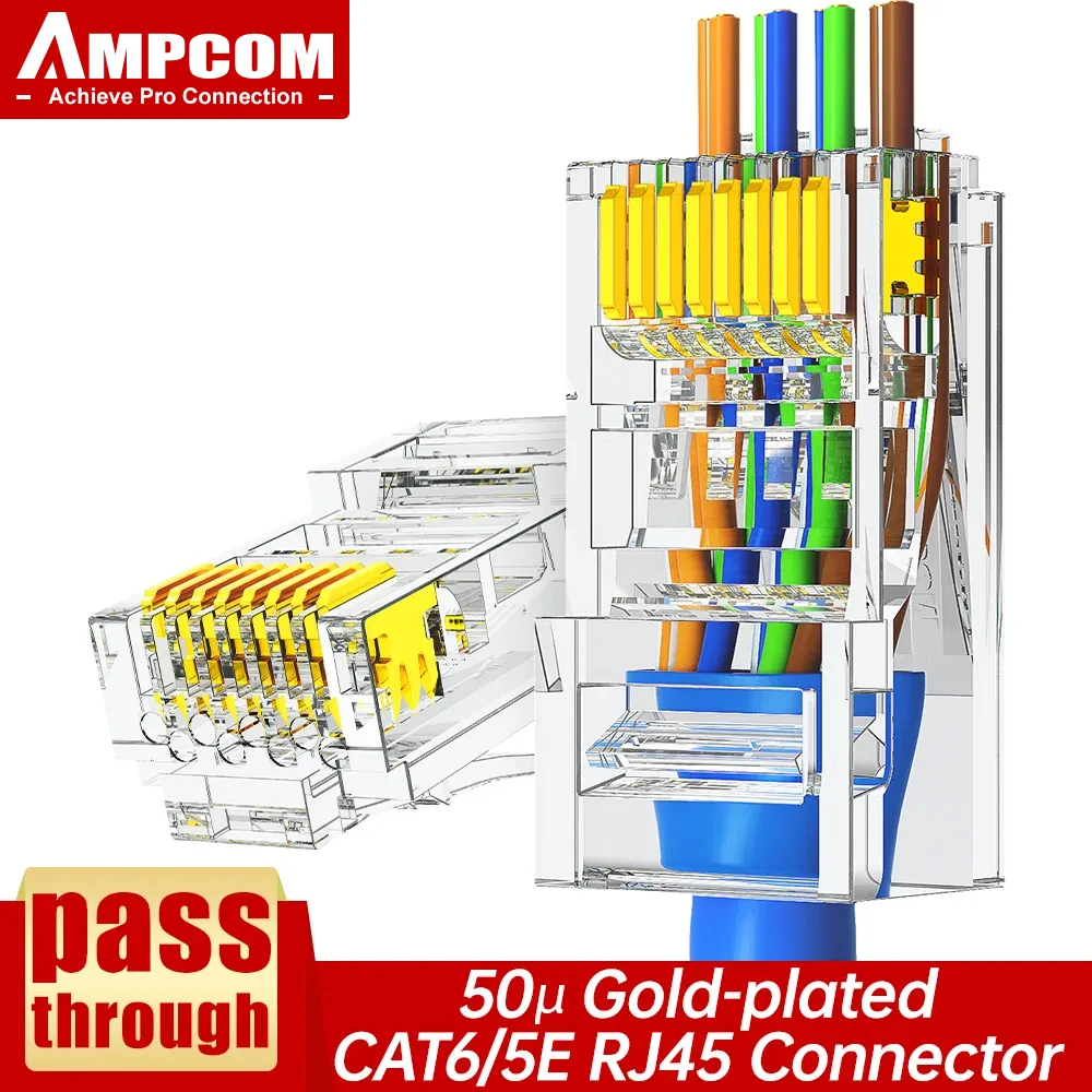 AMPCOM RJ45 модульная вилка, CAT6 CAT5E проходят через сетевые разъемы UTP 3/50μ позолоченный 8P8C обжимной Конец для кабеля Ethernet