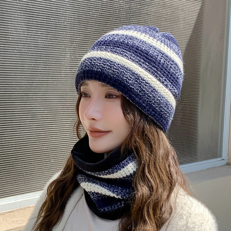 

2022 New Winter Beanie Hats Women Fashion Stripe Warm Velvet Wool Hat Scarf Set Female Thick Riding Windproof Knit Hat Gift