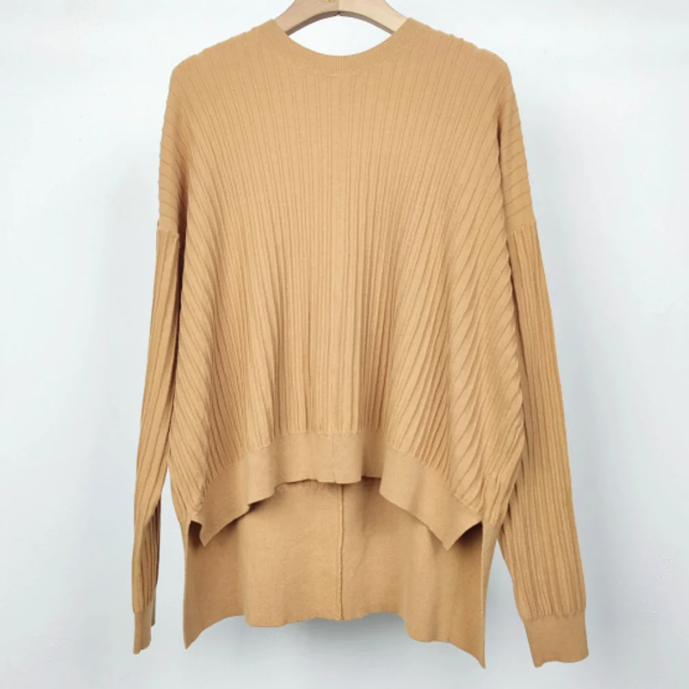 Cotton Round Neck Pullover Knitwear Autumn and Winter Comfortable Loose Front Short Back Long Women's Sweater