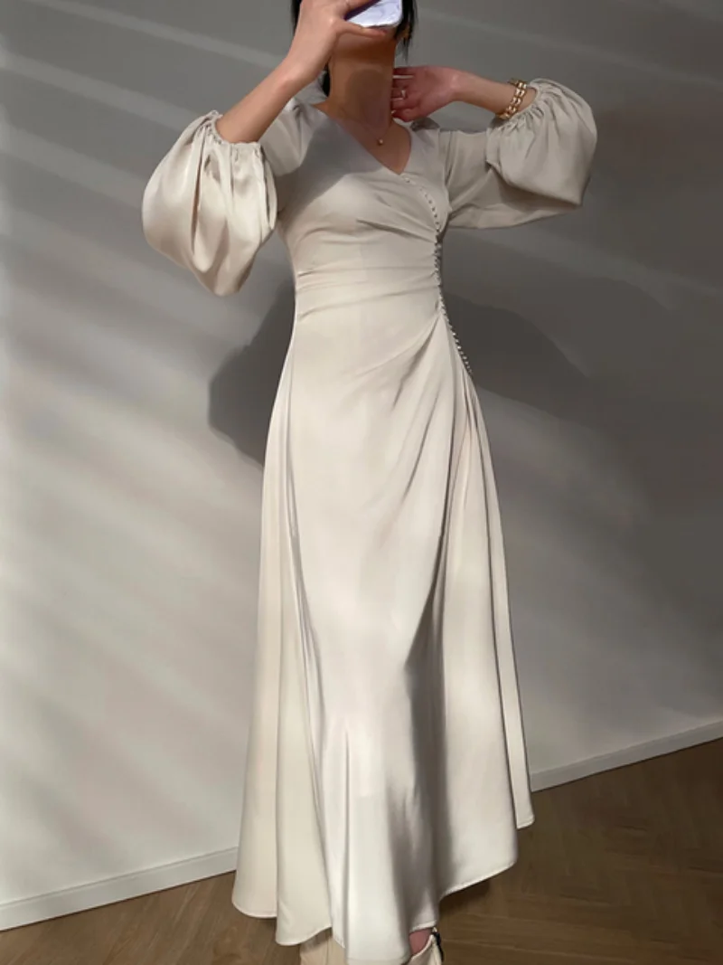 2023 new Elegant Dress For Women V Neck Lantern Sleeve High Waist Solid Ruched Minimalist Midi Dresses Female Clothing Style