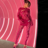 zoctuo 2022 summer women neon see through sexy y2k clothes hollow out long sleeve gloves skinny jumpsuits outfits club romper