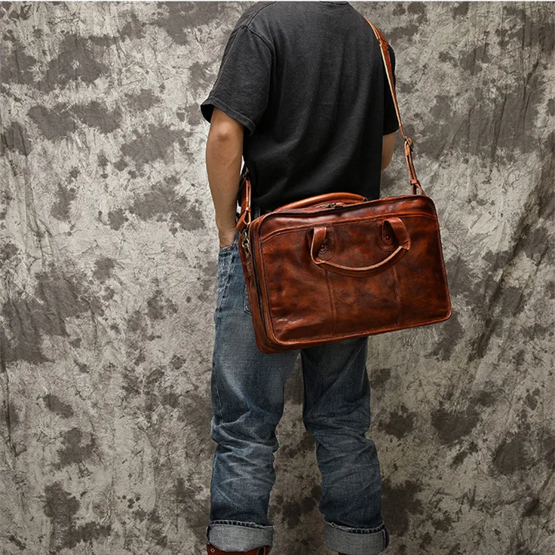 Retro Genuine Leather Men Briefcase Large Capacity Cowhide Handbag Business Laptop Computer Bag Luxury Male Travel Shoulder Bag