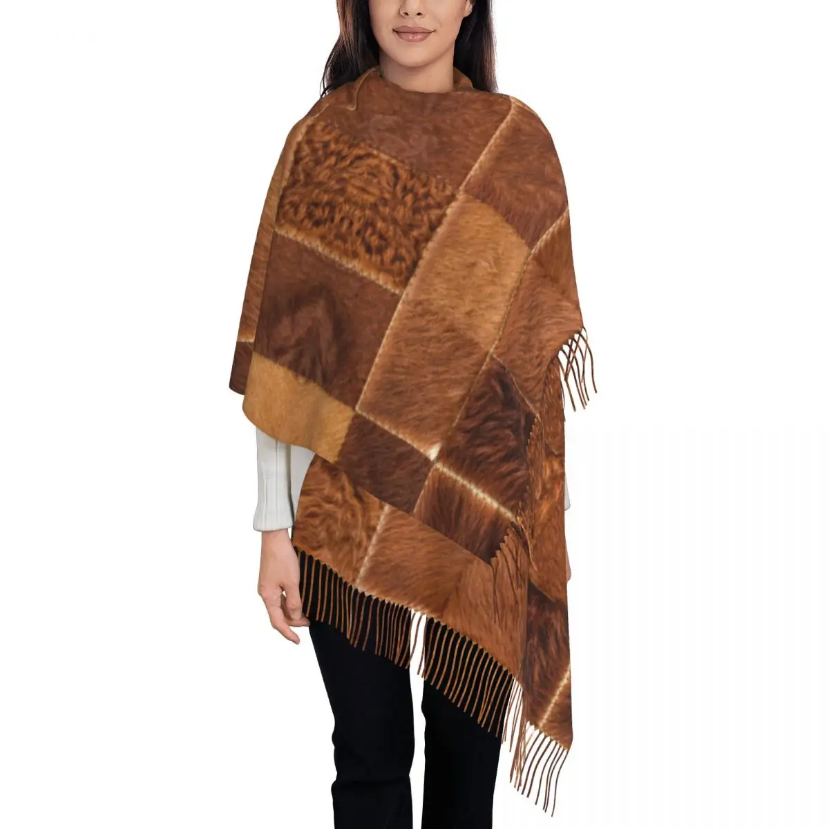 

Printed Brown Checkered Cowhide Patche Scarf Women Men Winter Fall Warm Scarves Animal Fur Leather Texture Shawls Wraps