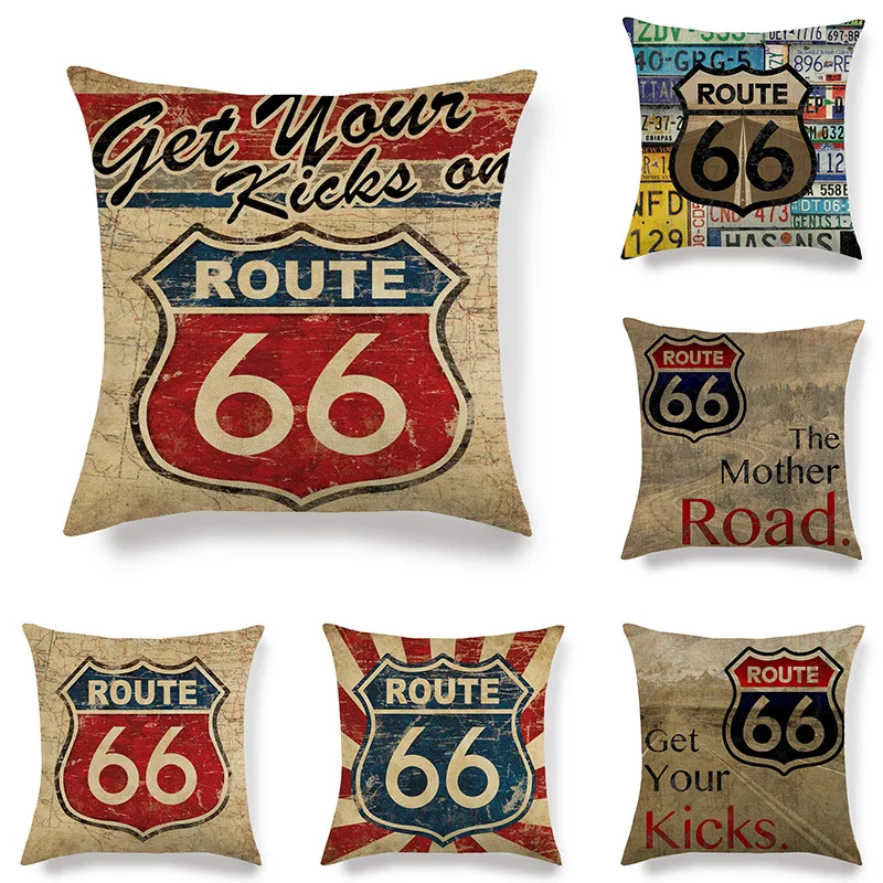 

Rount 66 Cotton Linen Pillow Cases Vintage Road Pillowcase for Sofa Bed Pillow Covers Decorative Cushions for Bed Pillow Covers