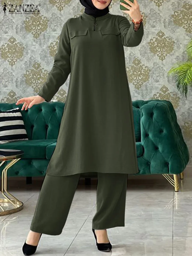 

ZANZEA Turkish Office Outfits Muslim Autumn Blouse Set Isamic Causal Pants Sets Solid Abaya Elegant Solid Women Matching Sets