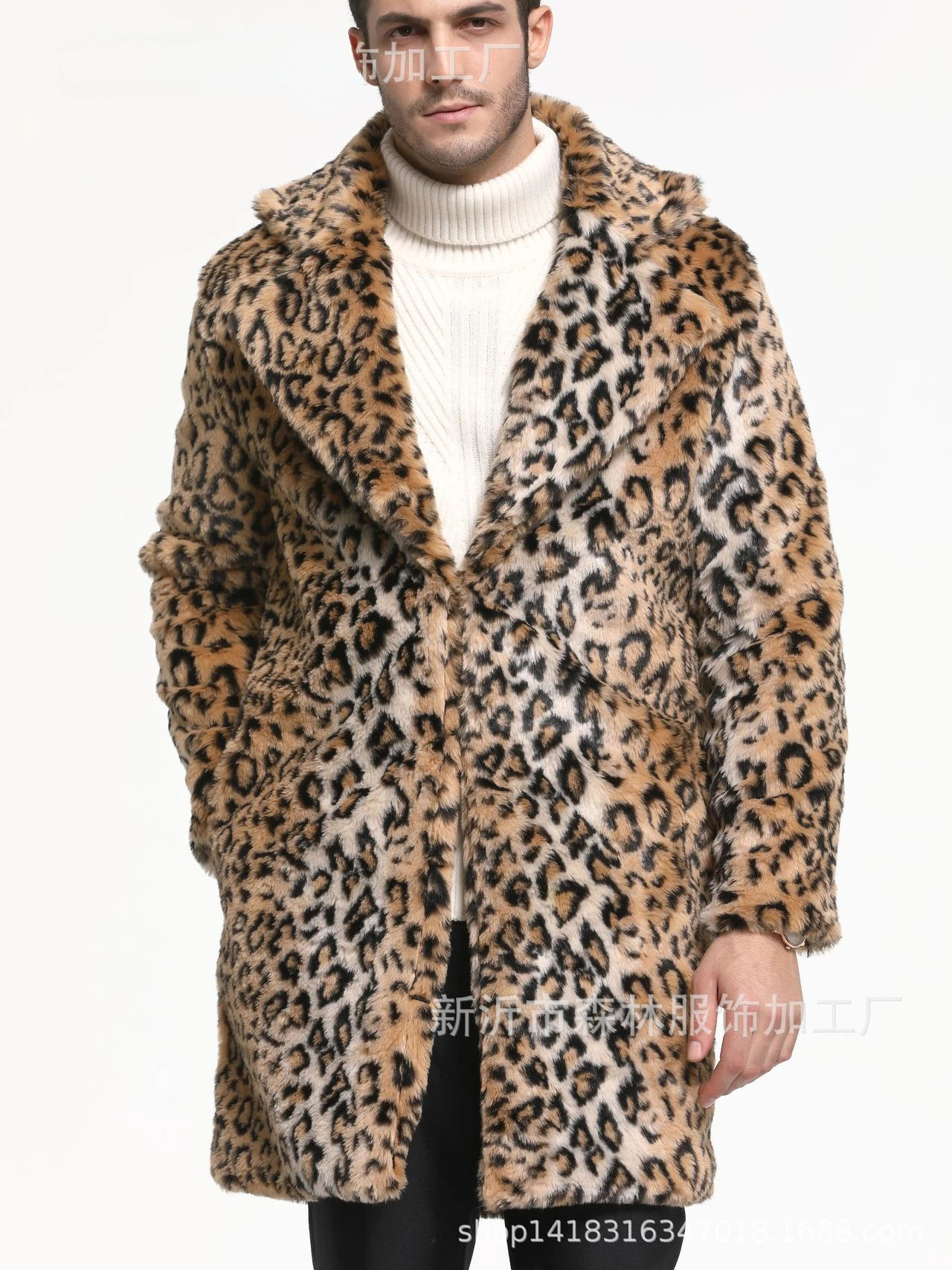 Warm Winter Outerwear Autumn Winter Men's Clothing Faux Fur Coat   Jacquard Leopard Print Large Lapel Top Long Coat