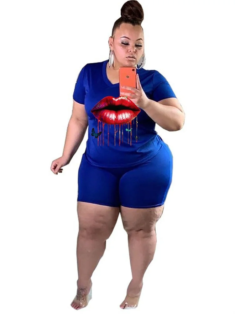 Plus Size Two Piece Sets Women New in Matching Sets Lip Print Top Shorts Tracksuit Casual Summer Whole 3xl 4xl 5xl 6xl