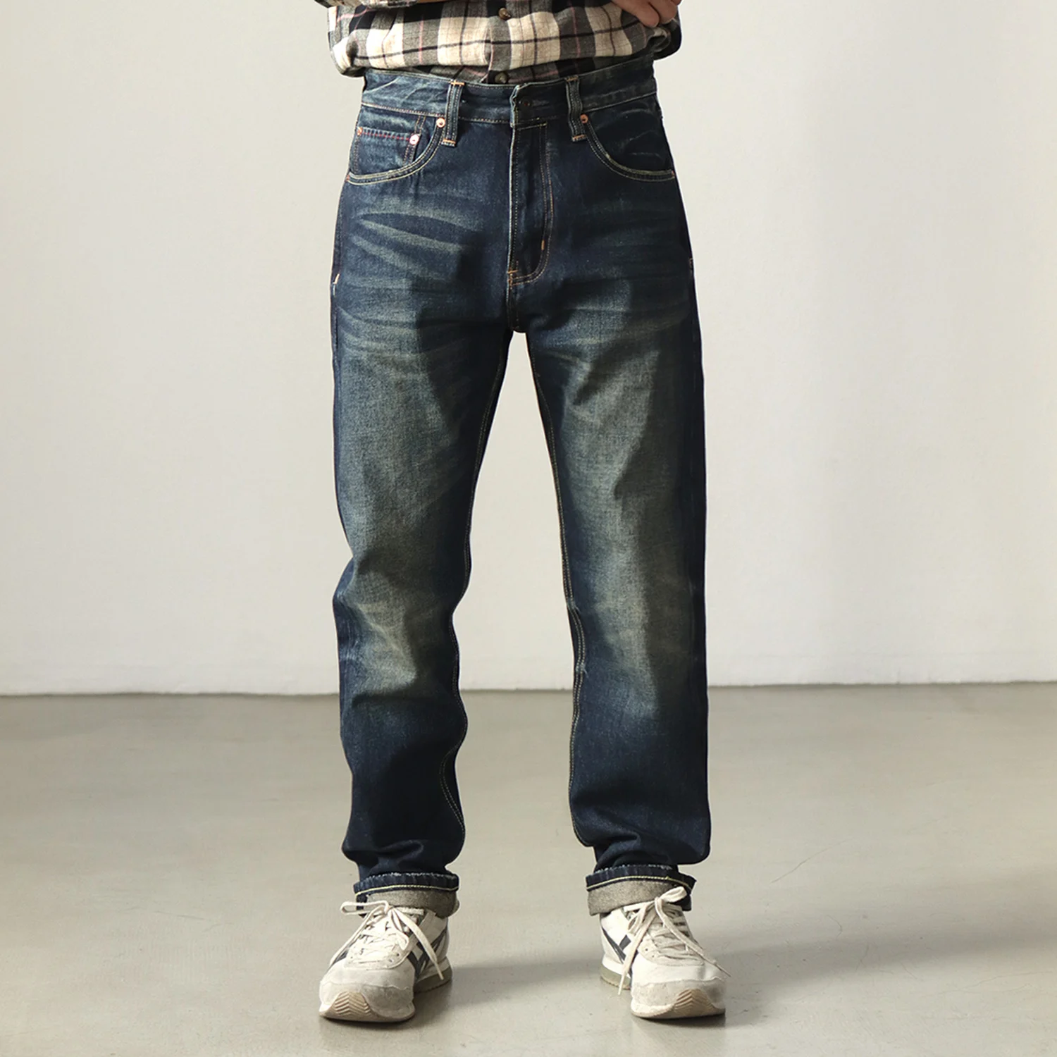 Американские джинсы в стиле ретро мужские потертые старые прямые темные