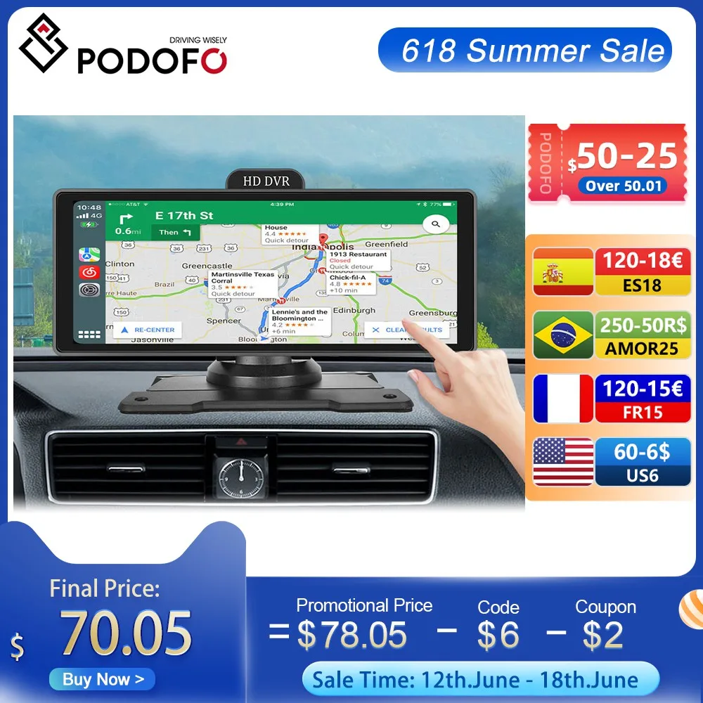 Podofo 10.26" 4K Dash Cam ADAS Wireless CarPlay Android Auto Car DVR WiFi Rearview Camera Dashboard Video Recorder WithGPS Track