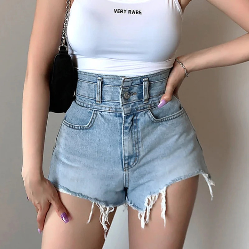 Women's Slim High Waist Sexy Hole Burrs Mini Denim Shorts 2023 Korean Summer Solid Color Tassel Shorts Female Casual Streetwear