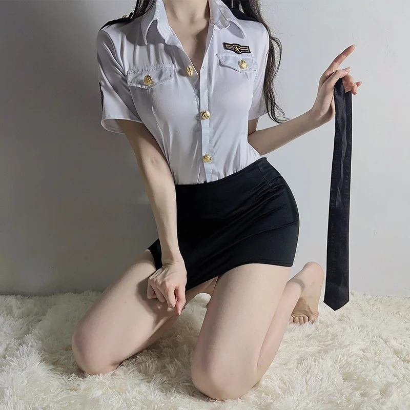 

Sexy and Fun Underwear Flight Attendant Police Officer Temptation Passion Hip Wrap Skirt Role Playing Uniform Set Cosplay Sexy