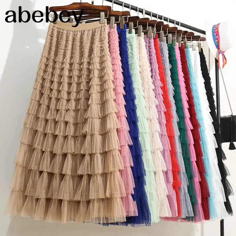 

Women Runway Fashion Layered Ruffles High Quality Mesh Sheet Midi Long A Line Skirts Casual Basic 4 Seasons Bottom Saias