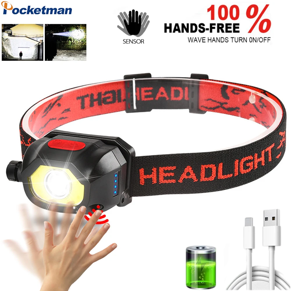 

7000LM Strong Powerful Headlamp Ir Motion Rechargeable Headlights COB Headlight Waterproof Head Torch Lanterna built in battery