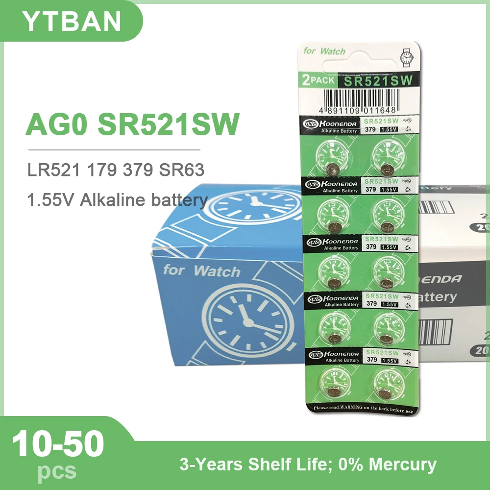 Батарейки AG0 LR521 кнопочные, 10-50 шт., SR521SW 379 179 D379 SR63 1,55 V