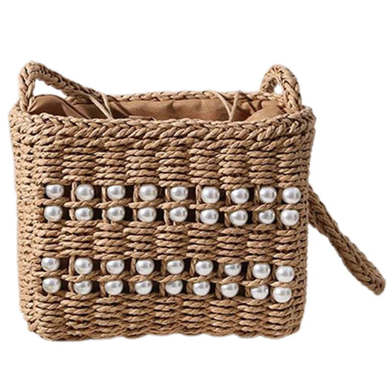 

NEW-Summer Straw Weave Beach Handbags For Women Tote Pearl Fashion Shoulder Bag Seaside Women Shopper Bags