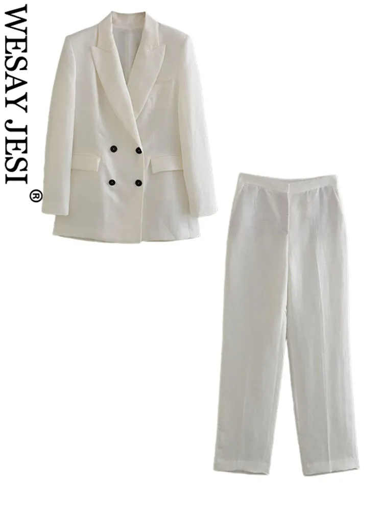 WESAY JESI TRAF Fashion Office Vintage Lady White Blazer Suits Women Long Sleeve V Neck  Blazer+High Waist Wide Leg Long Pants