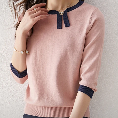 Женский трикотажный свитер, Розовый пуловер с круглым вырезом, лето 2024