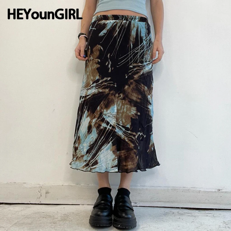 

HEYounGIRL Vintage Print Women Long Skirt High Waist Loose Fit Elegant Lady Fairycore A-line Skirts Aesthetic 2000s Cute Clothes