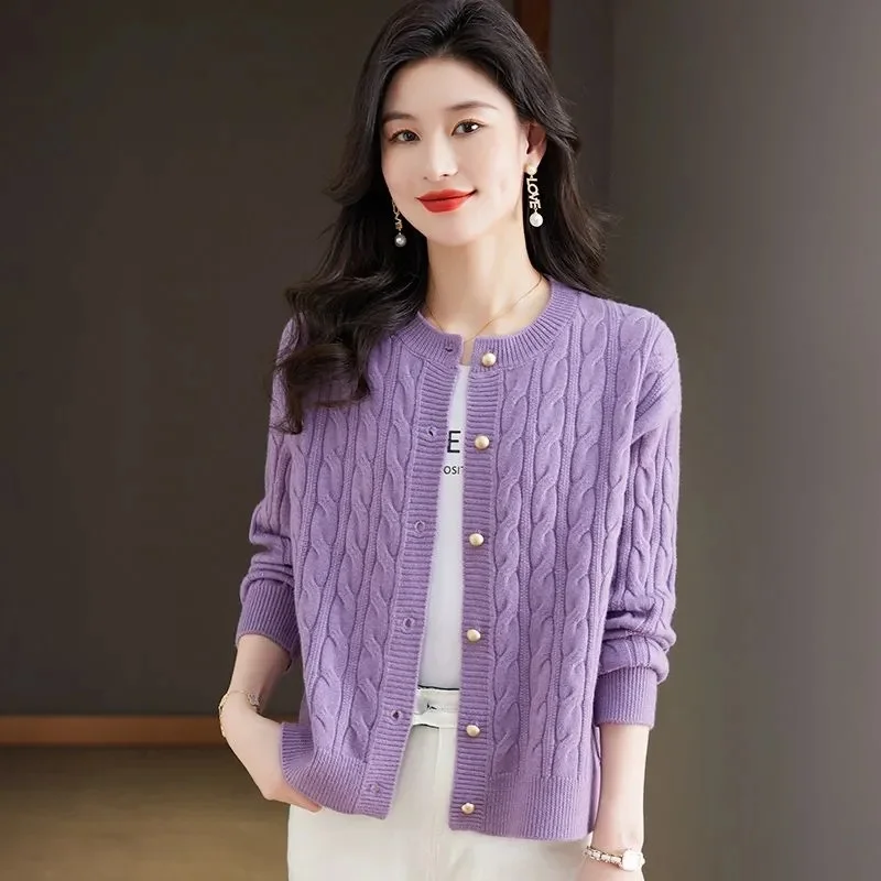 100% норковый кашемировый кардиган свитер Женский вязаный Топ с круглым вырезом и