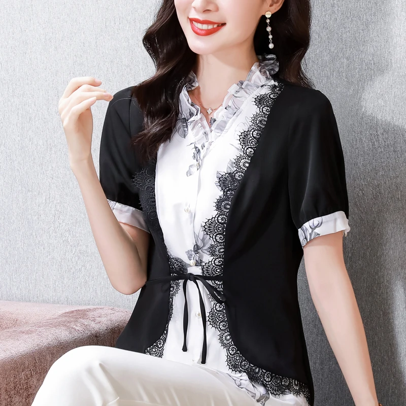 

YCMYUNYAN Chiffon Women's Shirts Prints Blouses V-neck Ladies Clothing Summer V-neck Loose Short Sleeves Ruffles Casual Tops