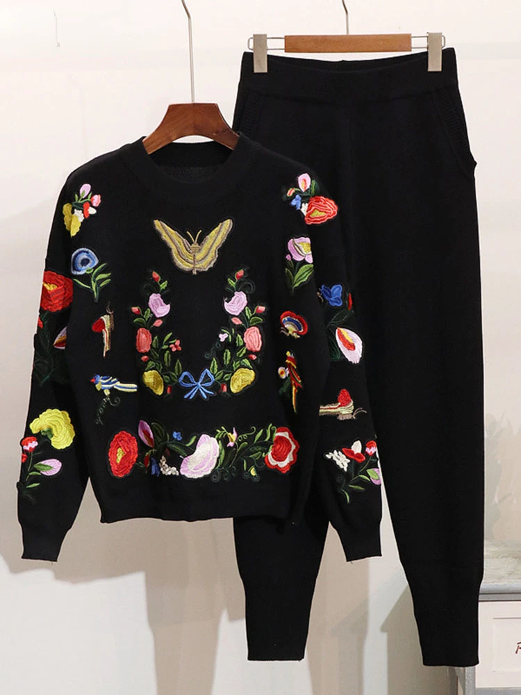 Loose Long Sleeved Sweater Top Leggings Two Piece Set Embroidered Butterfly Flower Set Female Tide Autumn Winter