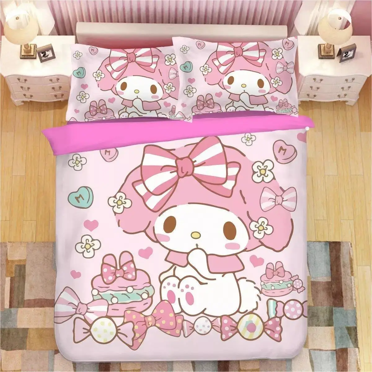 

Постельное белье My melody из четырех предметов детское постельное белье Розовое сердце для девочек Sanrio мультяшное аниме стеганое одеяло посте...