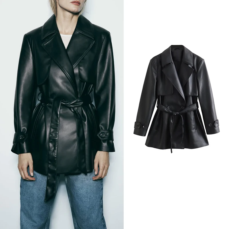 

Женский кожаный тренчкот с поясом и отложным воротником, на зиму