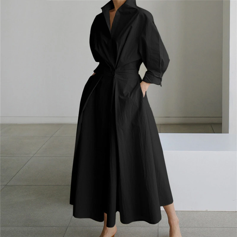 

S-5XL Korean Fashion Long Sleeve Shirt Dress Chic Turndown Neck Ruched Maxi Dress Women 2023 Spring Autumn Clothes Streetwear