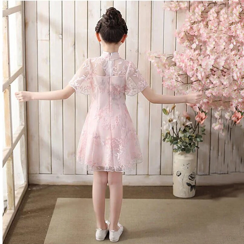 Кружевное китайское традиционное платье с цветами Ципао для маленьких девочек