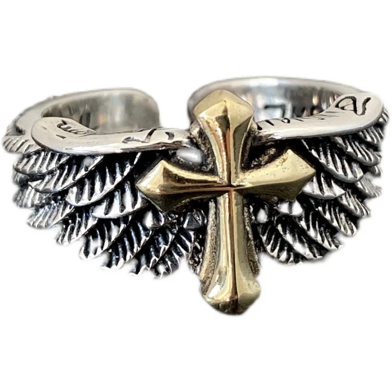 

925 Серебряное кольцо с крыльями Крест Модные талисманы женские регулируемые кольца амулеты резные Роскошные Дизайнерские амулеты настоящие ювелирные изделия