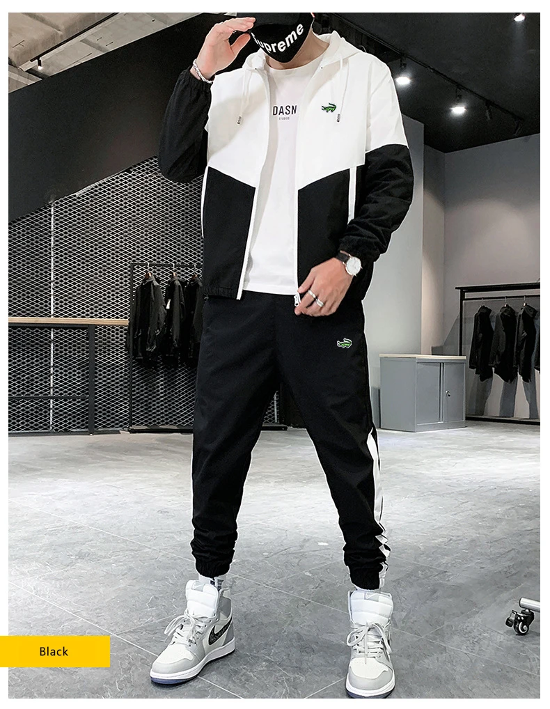 Fashion Casual Hip Hop Street Set Splice Men's Set Embroidery Spring and Autumn New Breathable Sports Hoodie Two Piece Pants