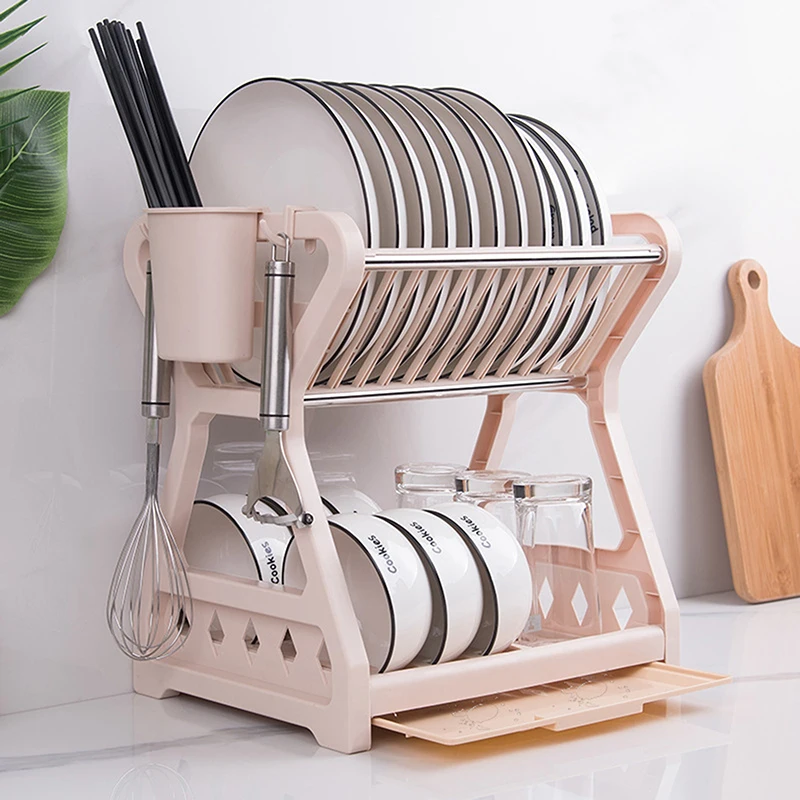 

Kitchen Dish Rack New Double-layer Plates Sink Countertop Holder Bowl Storage Shelf Drying Stand Draining Up To 12 Plates