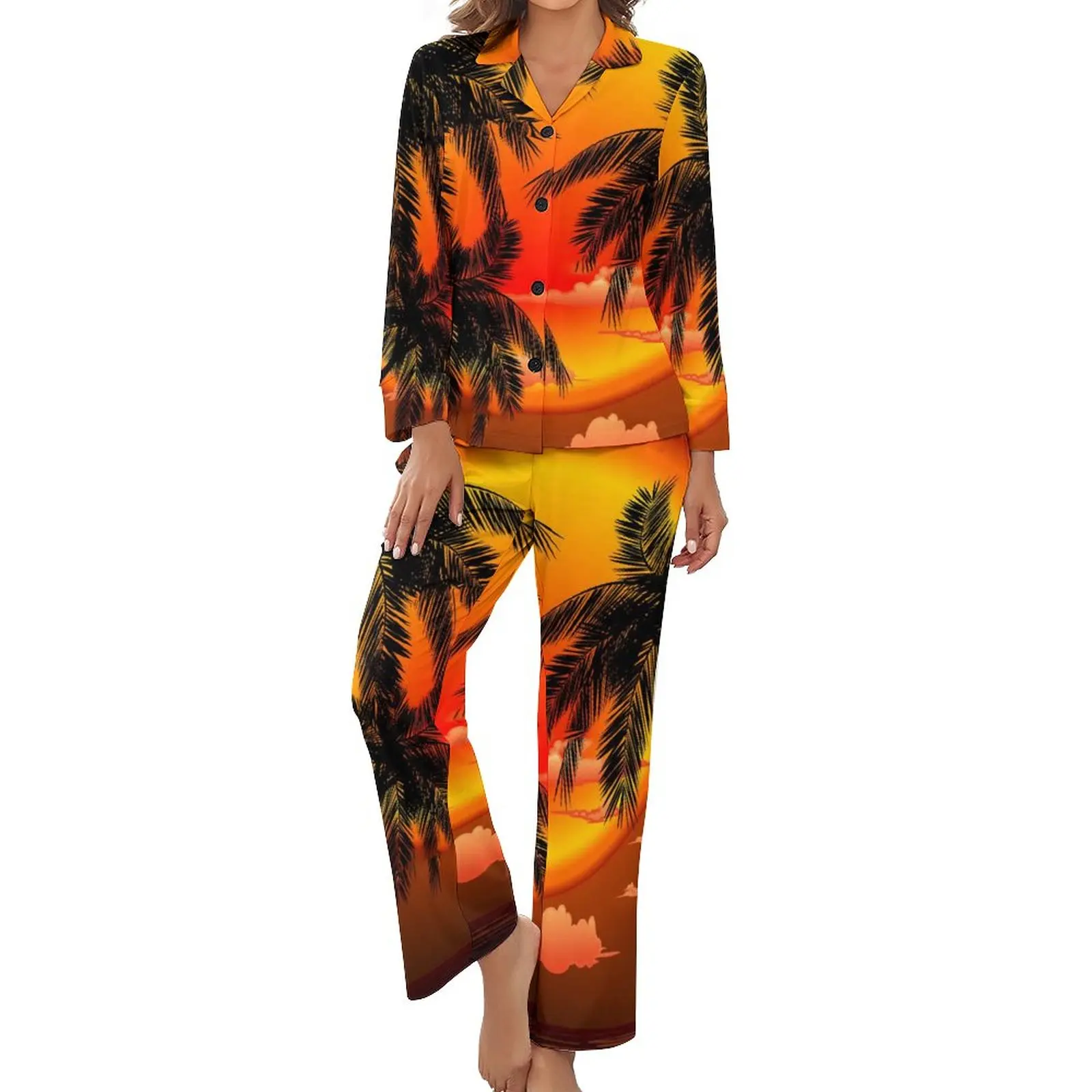 

Пижама с пальмами, теплый местный закат, пижамный комплект в стиле ретро с длинным рукавом, 2 предмета, Повседневная Осенняя дизайнерская Пижама, подарок