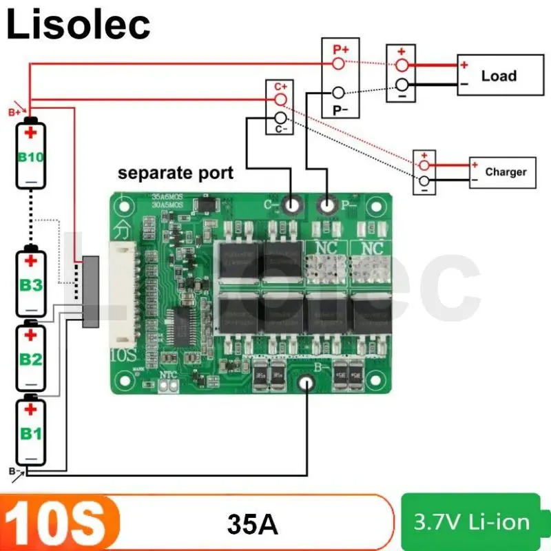BMS 10S 36V с балансом 42V 18650 21700 Lipo литиевый аккумулятор 35a отдельный порт зарядка разрядка Защитная плата для электровелосипеда