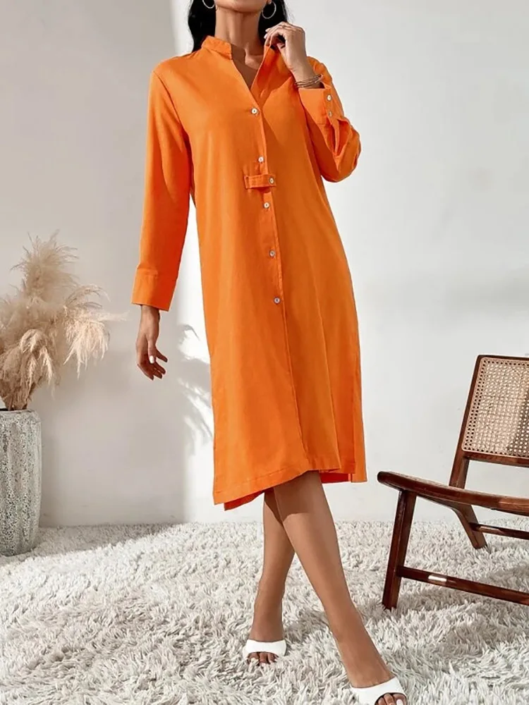 Women Fashion Button Front Shirt Dress Vintage Solid Color Long Sleeve V-Neck Side Slit Female Chic Midi Dresses Vestidos Mujer
